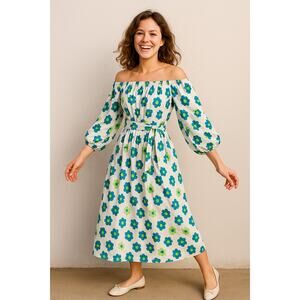 Beulah Style Maxi Dress Women One Size White Blue Green Floral Off Shoulder Boho